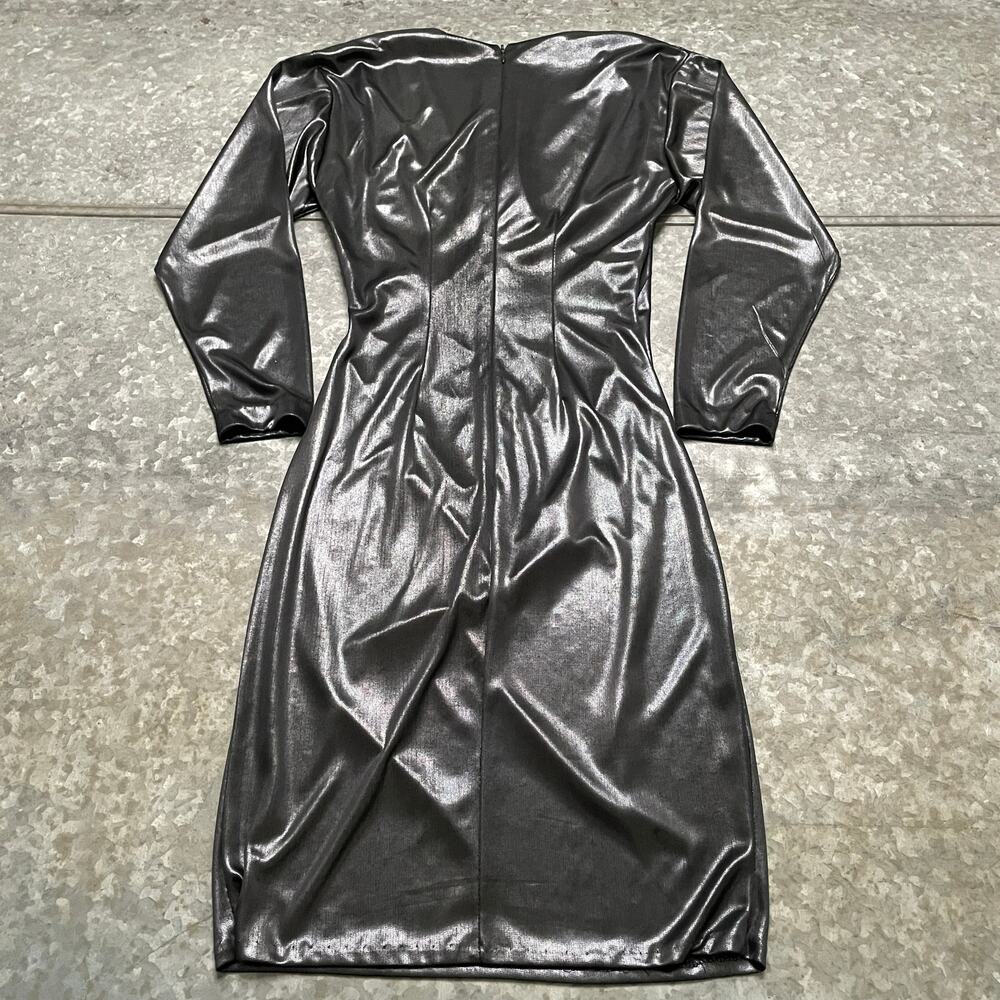Vintage Midnight Glo Petites V-Neck Wrap Metallic Dress Small Black Gray Silver - Picture 6 of 11
